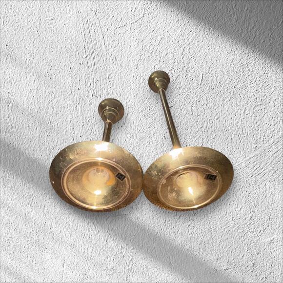 Two Brass Candlesticks Mid-Century Modern Gently Used Some Scratching 6” & 9” - Picture 2 of 6